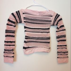 Pink and Black Striped Fishnet Stretch Long Sleeve Cropped Shirt